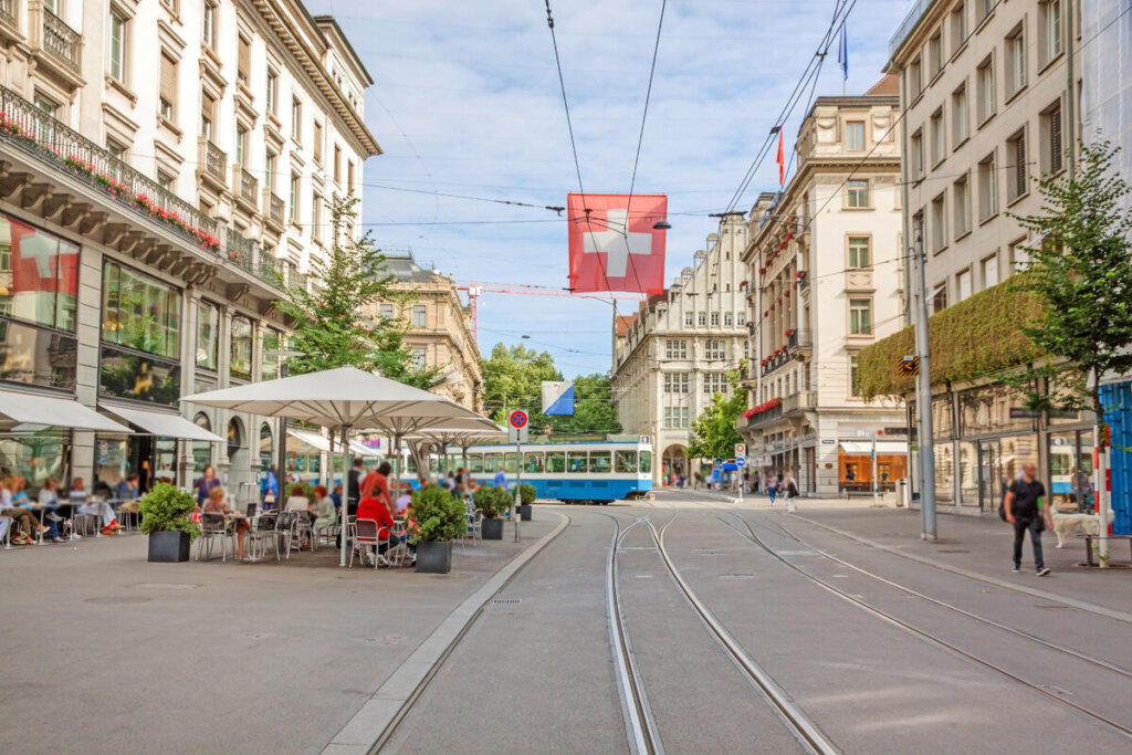 Busy shopping street Bahnhofstrasse in Zurich, Switzerland